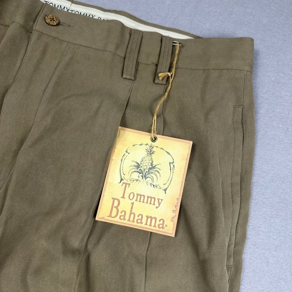 Tommy Bahama Relax The Fishbone Silk Pleated Pants Almond Khaki Herringbone NEW